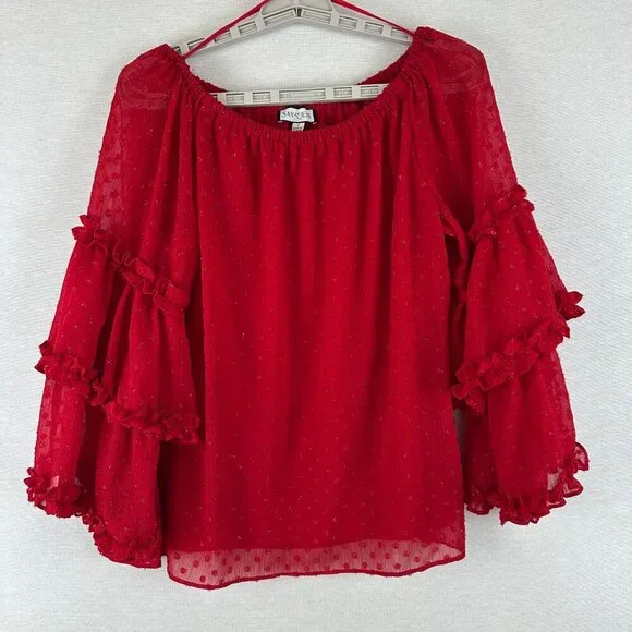 SAM &JESS RED OFF THE SHOULDER BLOUSE RUFFLED SHEER SWISS-DOT SLEEVES, SIZE S - Picture 3 of 8